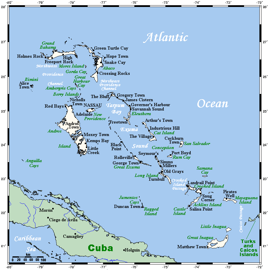 Map showing the Bahamas' cities and main towns