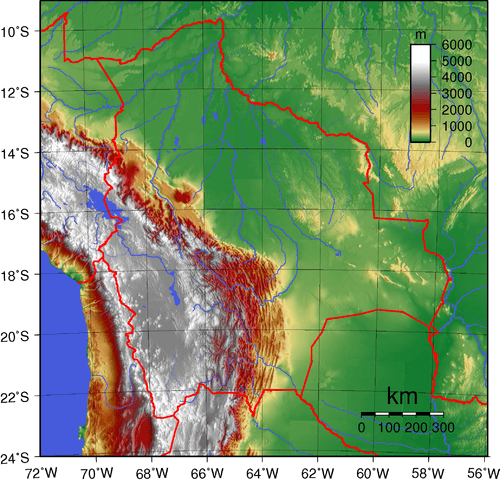 Topographic map of Bolivia