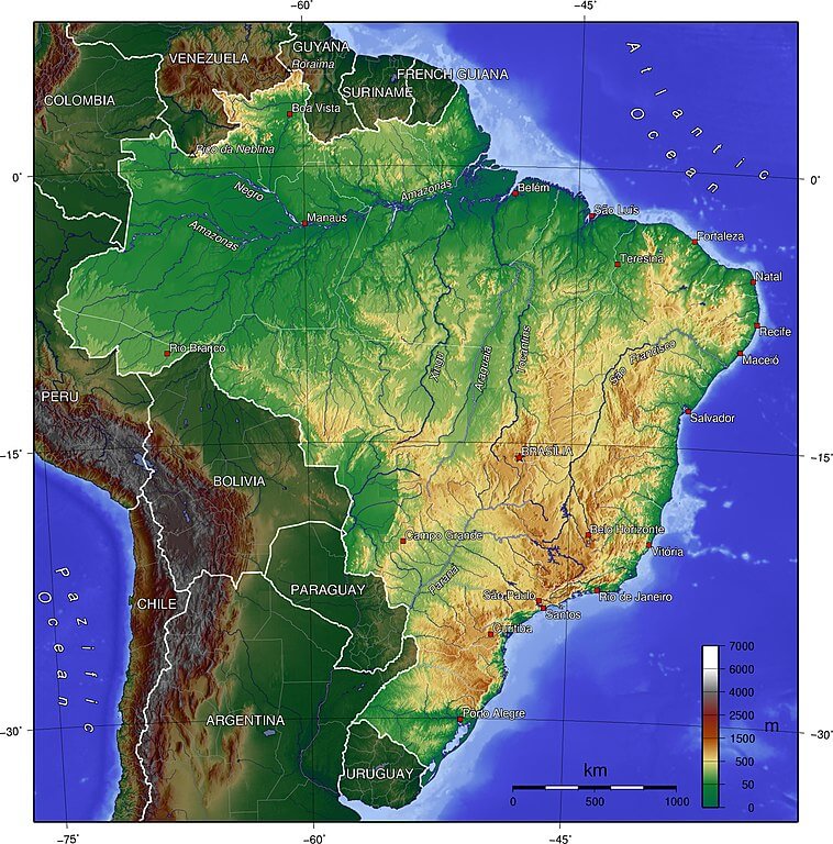 Topographical map of Brazil.