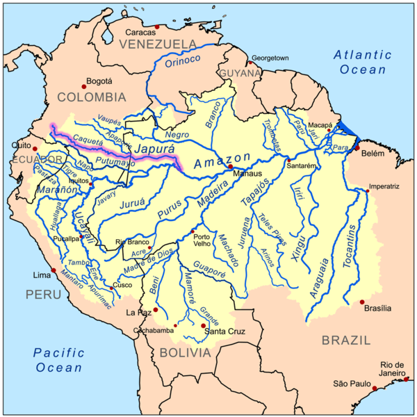 Map of the Amazon River drainage basin with the Caquetá-Japurá River highlighted