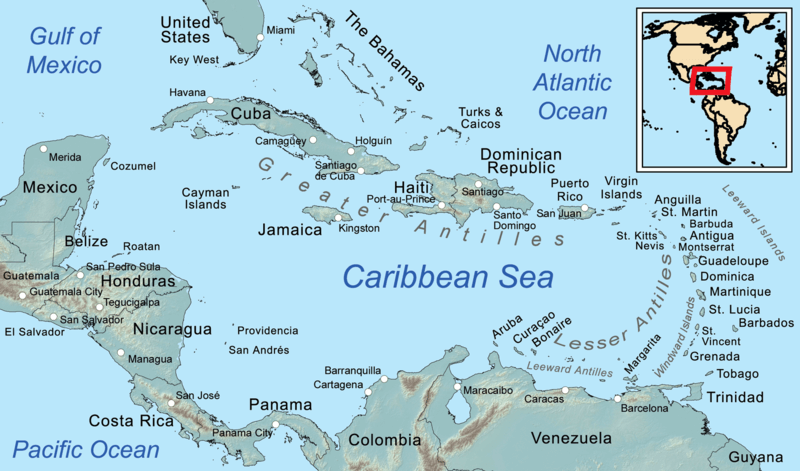 Map depicting the regions of the Caribbean
