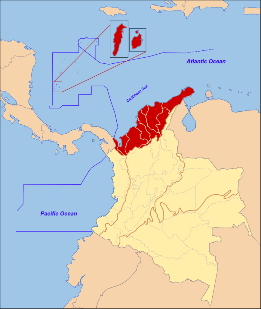 Map depicting the Caribbean region of Colombia.