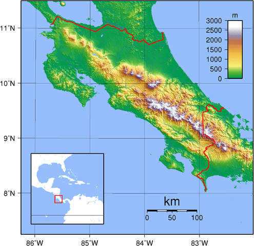 Topographic map of Costa Rica with Talamanca range