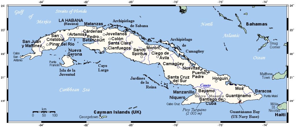 Map of Cuba showing main towns, highest point, and other relevant information.