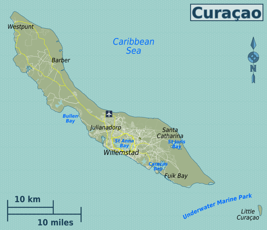 Travel map of Curaçao.