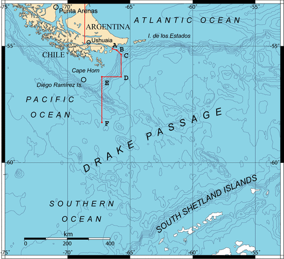Map showing locations of the Drake Passage, Cape Horn and the Diego Ramirez Islands