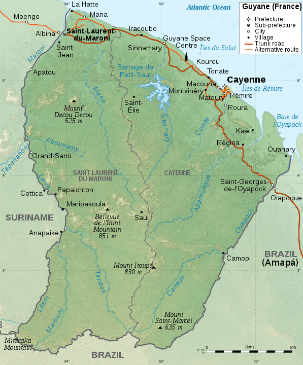 Geographic map of French Guiana.