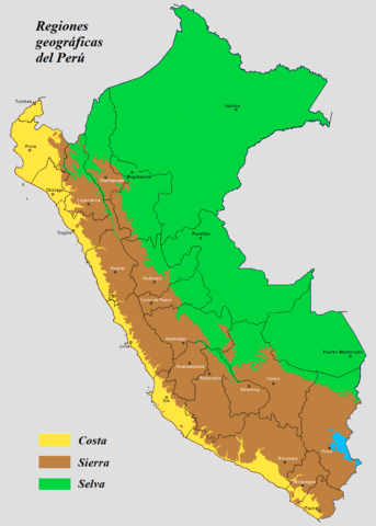 Map depicting the geographical regions of Peru, including La Selva in green
