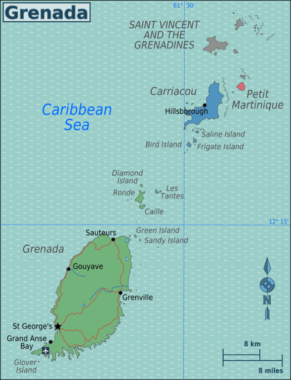 Grenada map, including Carriacou and Petite Martinique.