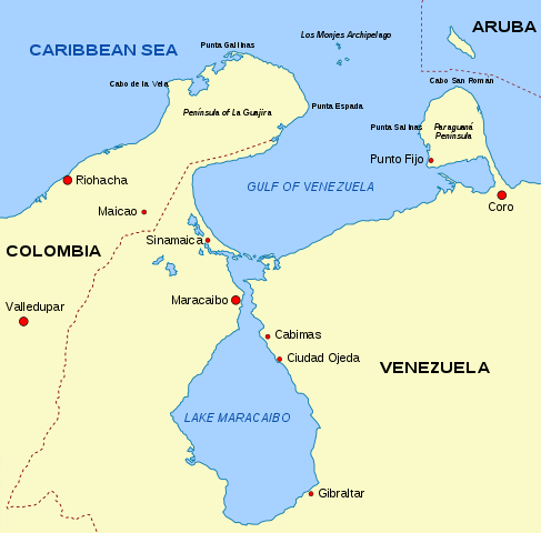 Map showing the Guajira Peninsula, Gulf of Venezuela and Lake Maracaibo