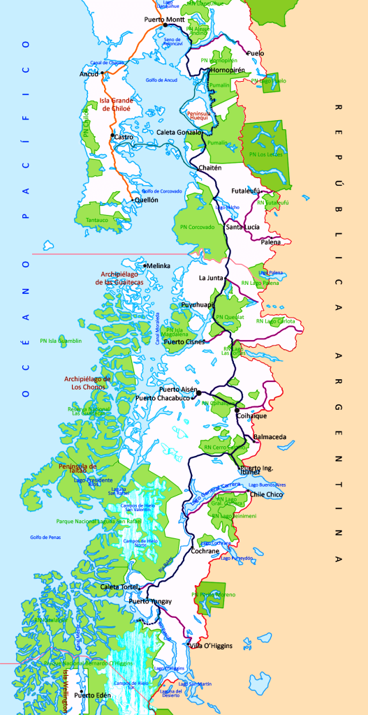 Map of the Carretera Austral, in Chile