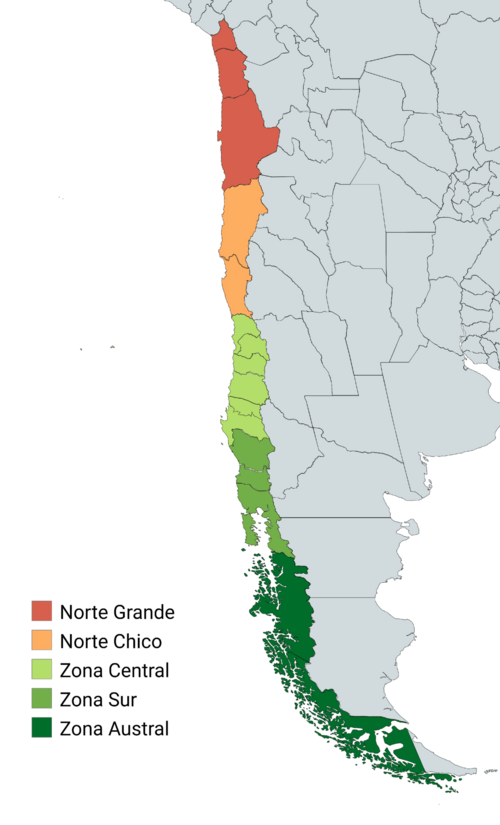 Map depicting the natural regions of Chile.