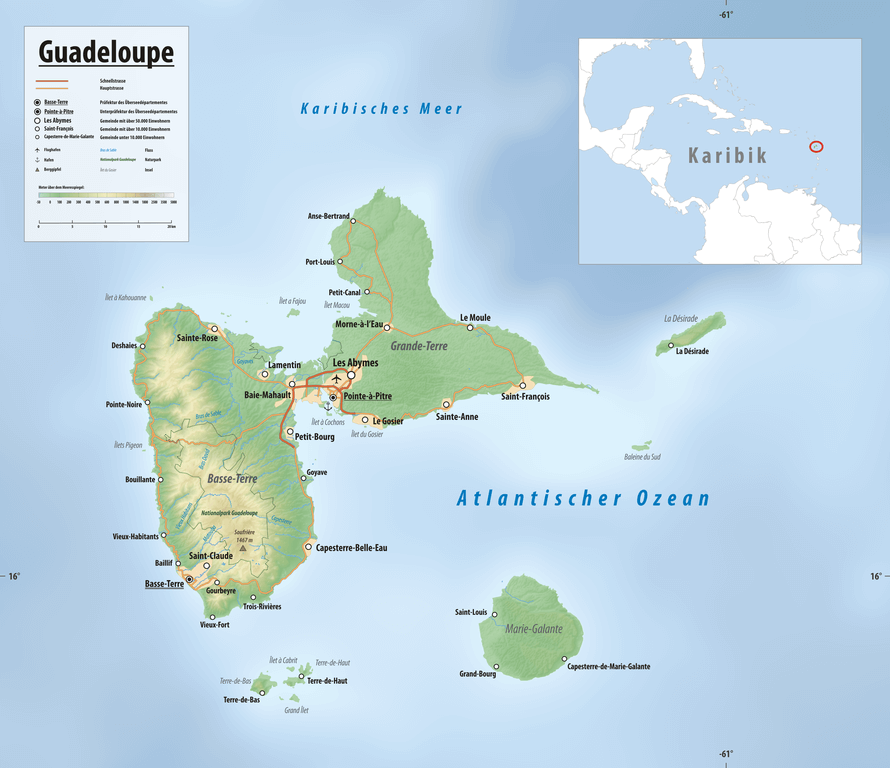 Relief map of Guadeloupe.
