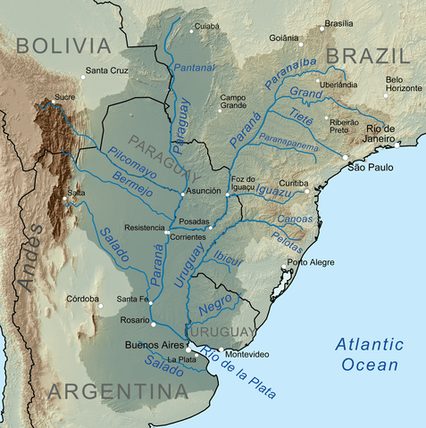 Map of the Río de la Plata Basin, showing the Paraguay River joining the Paraná River