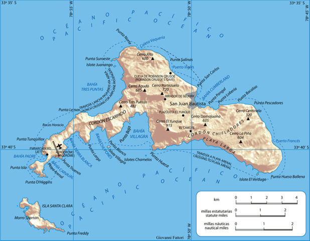 Map of Robinson Crusoe Island, Archipelago Juan Fernández, Chile. Shaded relief.