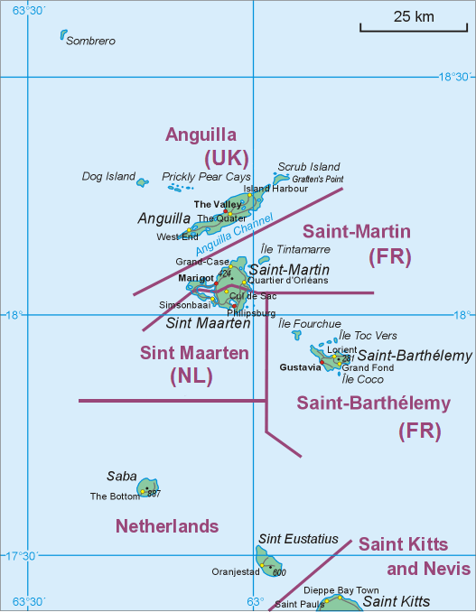 Map of middle part of Leeward Islands (Anguilla, Saint-Martin/Sint Maarten, Saint-Barthélemy, Saba, Sint Eustatius)