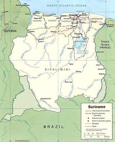 Map of Suriname illustrating disputed border territories.