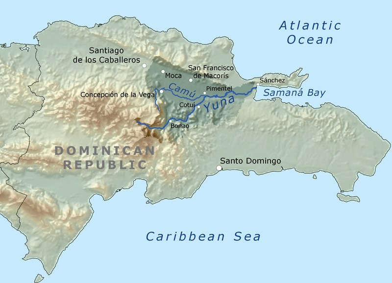 Map showing the Yuna River drainage basin including its largest tributary and cities.