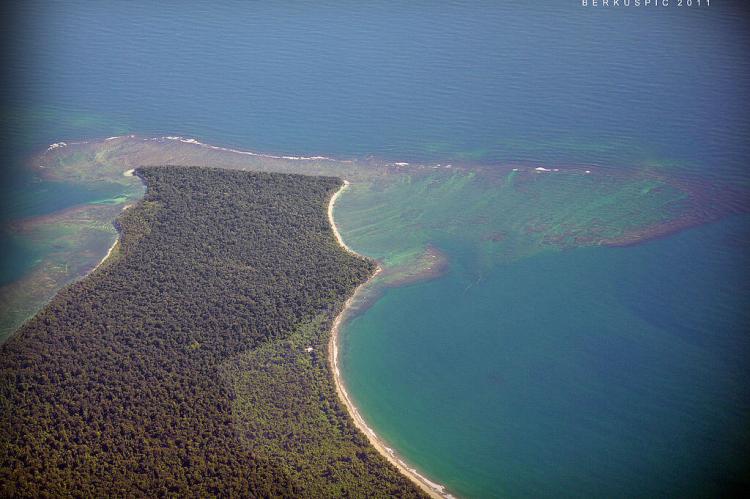 Aerial view of Cahuita point and coral reef on Costa Rica's caribbean coast