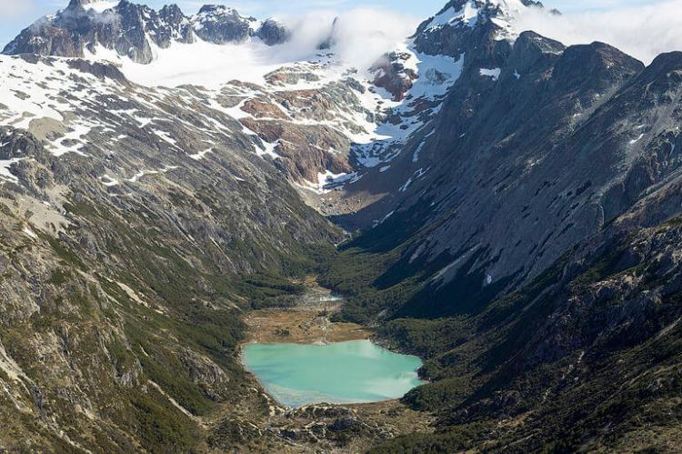 Aerial view of Laguna Esmeralda in the Fuegian Andes, Argentina