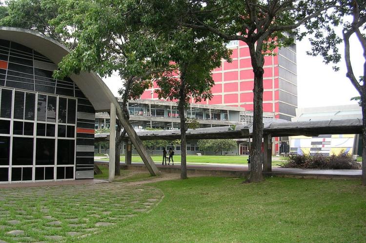 Alejandro Otero (Mural)-[left], Mateo Manaure (Mural)-[right] and main library of the "Ciudad Universitaria de Caracas", Venezuela