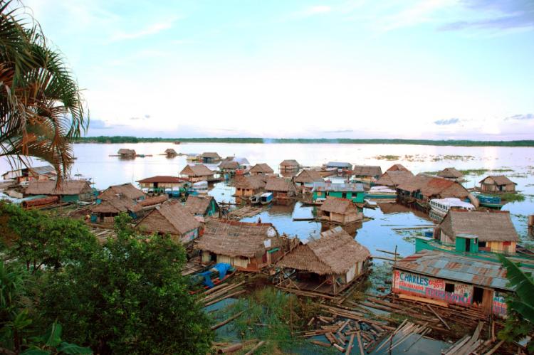 Amazon River floating village neighborhood in Iquitos, Peru