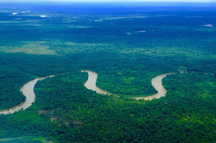 Aerial view of the meandering Atrato River, Colombia