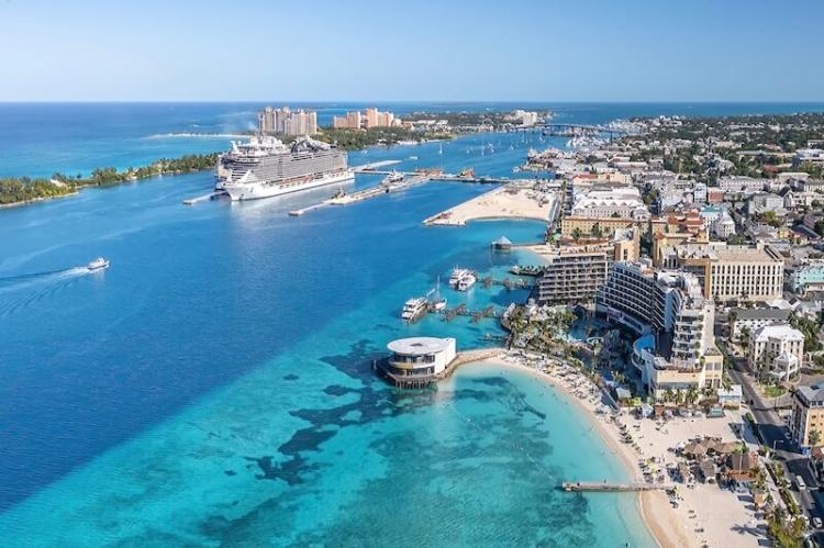 Partial view of Downtown Nassau, Bahamas with views of the cruise ship terminal port
