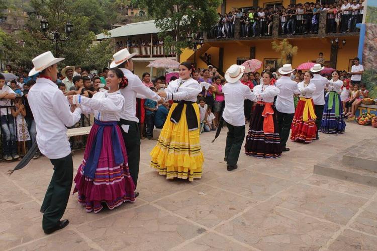 Dancers of Ballet Folklórico de Honduras Oro Lenca dancing in the 100 year anniversary celebration of the founding of the town of El Níspero, in the department of Santa Bárbara, Honduras
