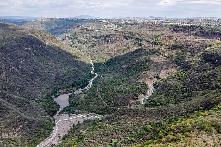Aerial view of the Barranca de Huentitán (Oblatos Canyon) and Río Santiago, metropolitan area of Guadalajara, Jalisco, Mexico