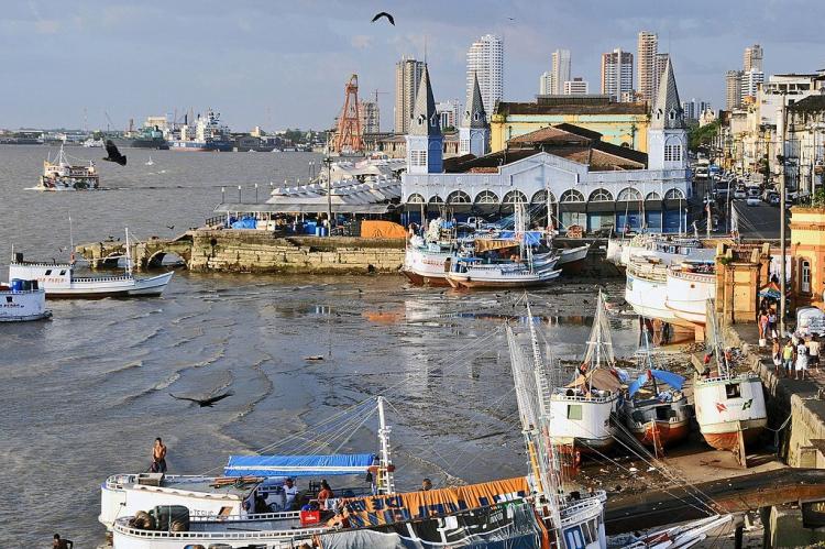 Belém, Brazil: Fishing port at low tide and market-hall Ver-o-Peso as seen from Forte do Castelo.