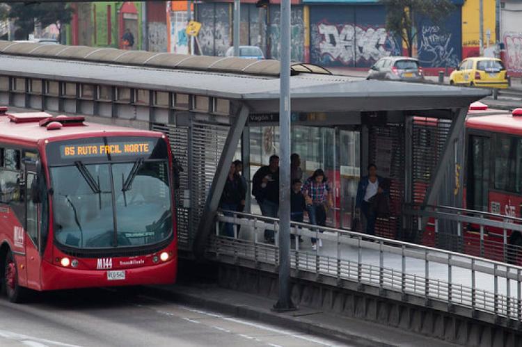 TransMilenio buses at the Simon Bolivar station in Bogotá, Colombia