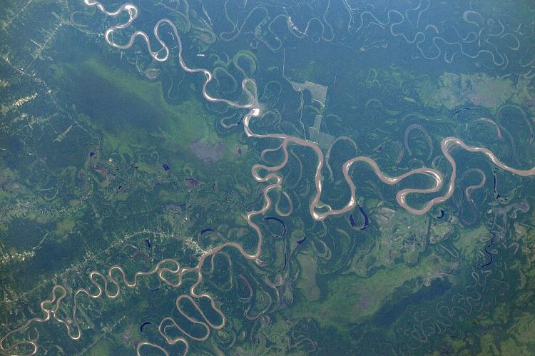 NASA aerial view of confluence of Chimoré, Ichilo and Mamoré Rivers, Bolivia