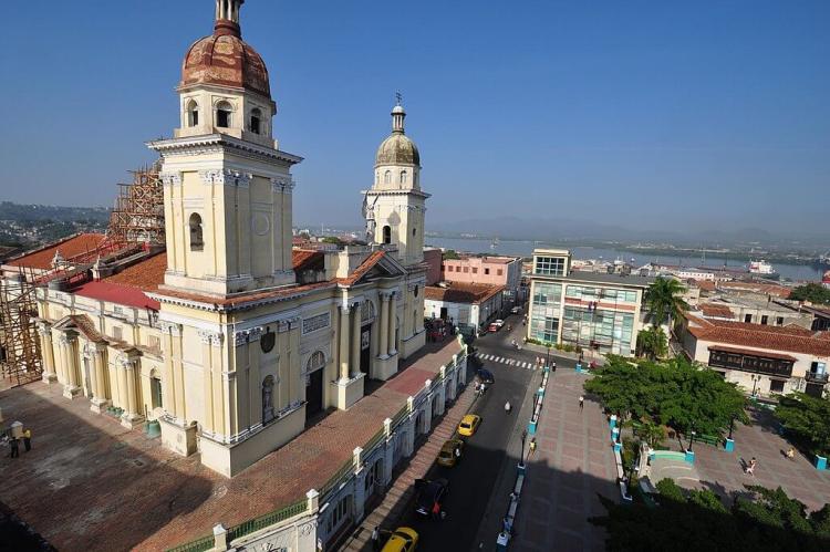 View of the towers of the Cathedral of Our Lady of the Assumption and the historic center of Santiago de Cuba