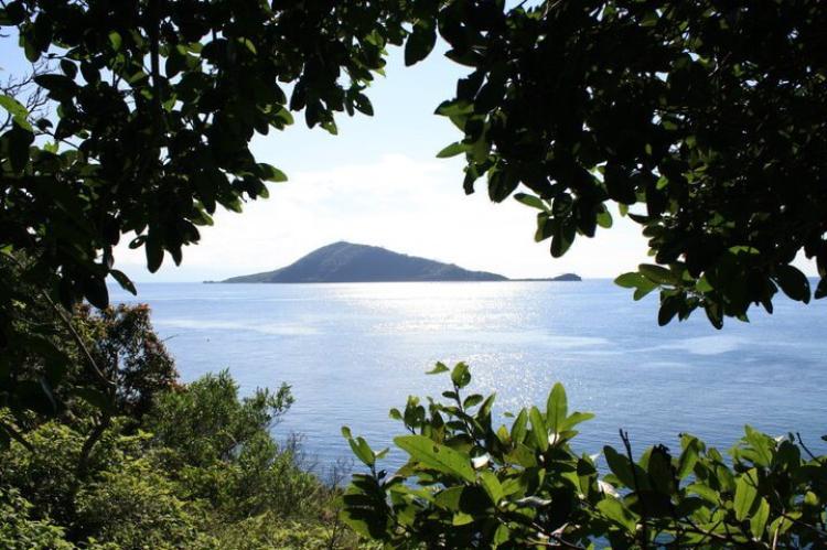 View of Cayo Menor through the forest at Cayos Cochinos, Honduras