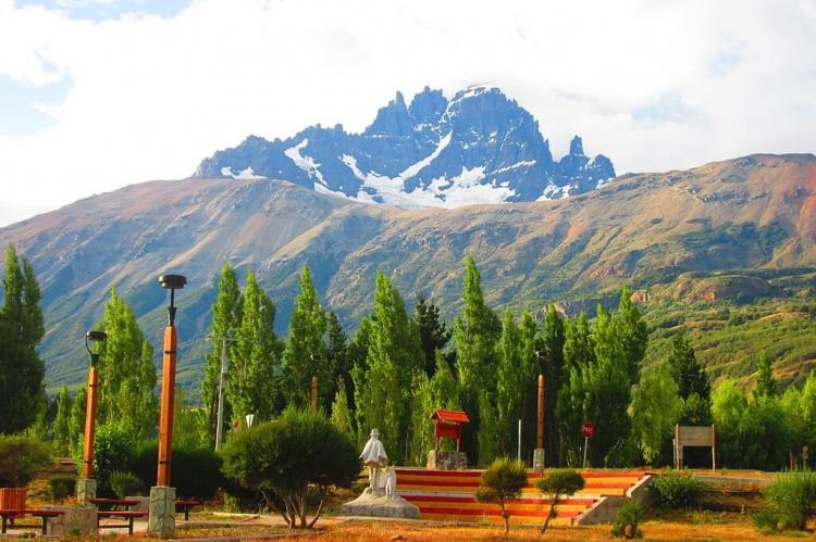 Cerro Castillo from Villa Cerro Castillo square, Chile
