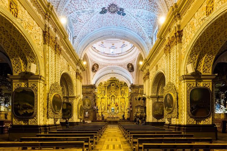 Interior of Church of the Society of Jesus "Iglesia de la Compañía de Jesús" (la Compañía) in Quito, Ecuador