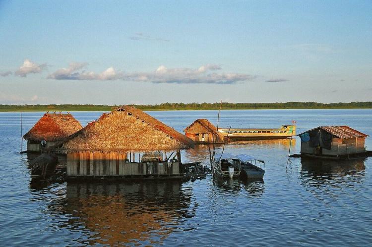 Floating houses on the Amazon River, Peru