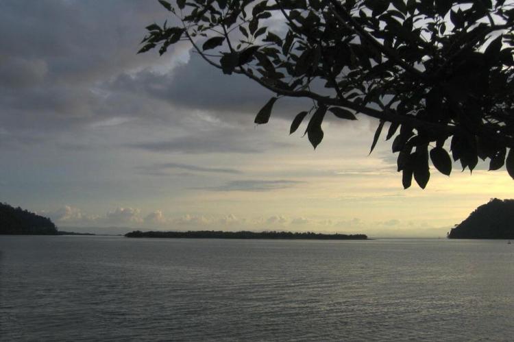 A view of Golfito, a bay in southern Costa Rica, with the Golfo Dulce beyond the island, Costa Rica