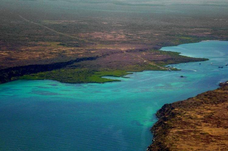 Aerial view of Santa CruzIsland with Itabaca Channel and Baltra Island (on the right), Galápagos Islands