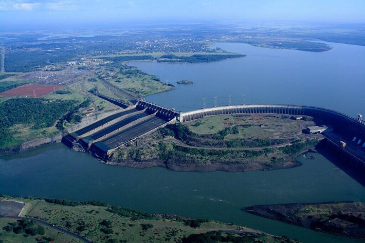 Aerial view of the Itaipu Dam and Reservoir, Brazil and Paraguay