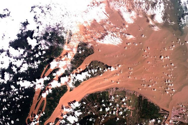 Landsat image: Two arms of the Essequibo River Delta in Guyana at its mouth in the Atlantic Ocean