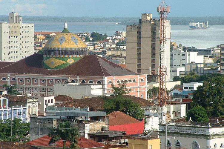 Manaus downtown with the Teatro Amazonas and the Rio Negro in the background.