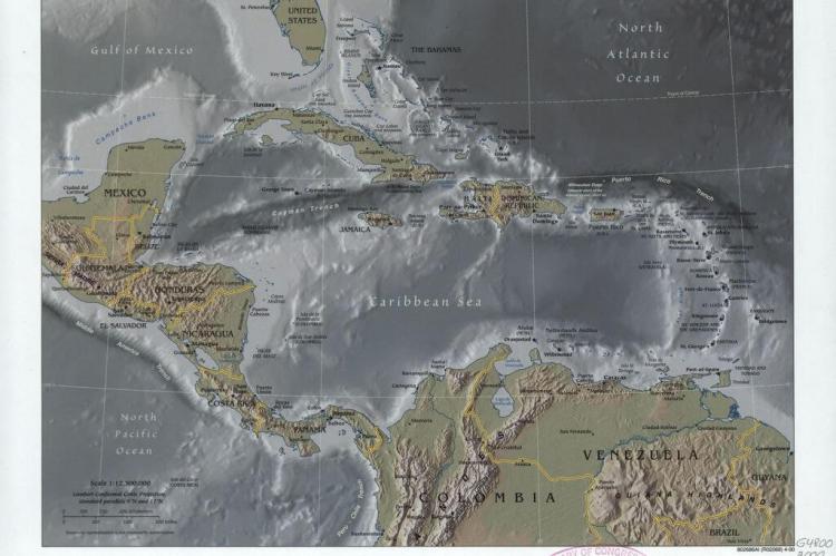Map of Central America and the Caribbean showing the location of the Cayman Trench