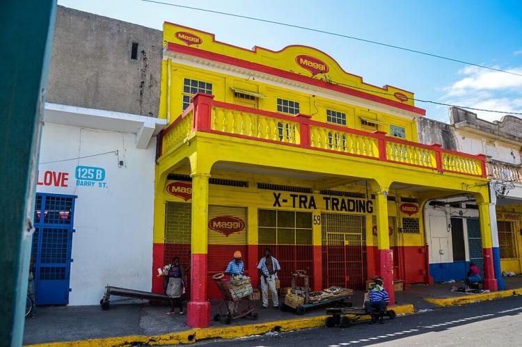 Painted buildings, city center, Kingston, Jamaica