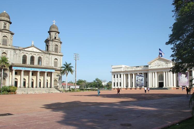 Square of the Revolution, with the Old Cathedral and the National Palace in Managua, Nicaragua