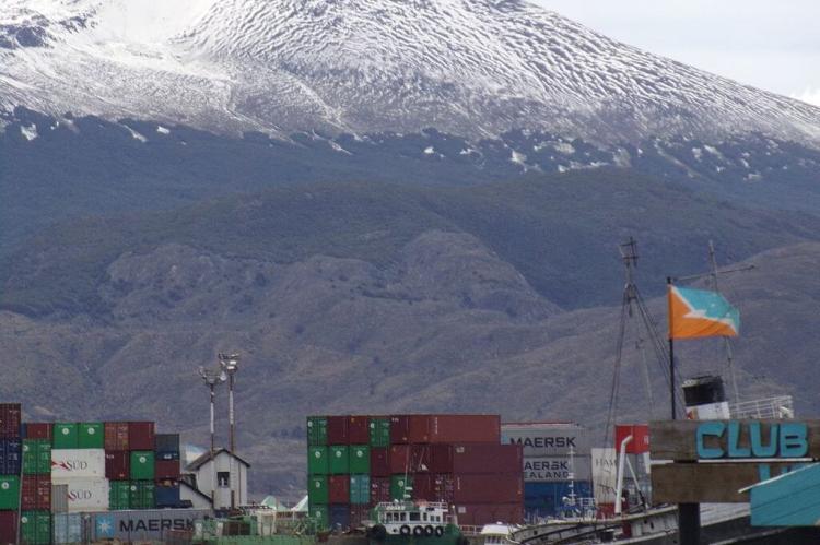 Ushuaia port dock with the flag of Tierra del Fuego