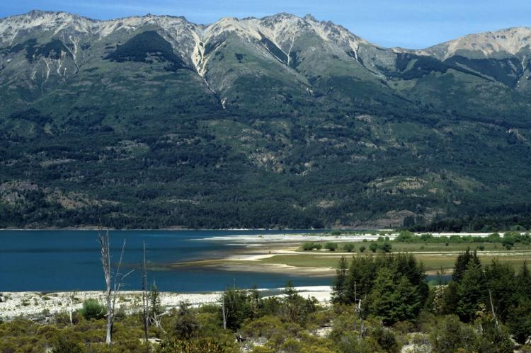 View of Puelo lake and the mouth of Turbio river in Lago Puelo National Park, Argentina