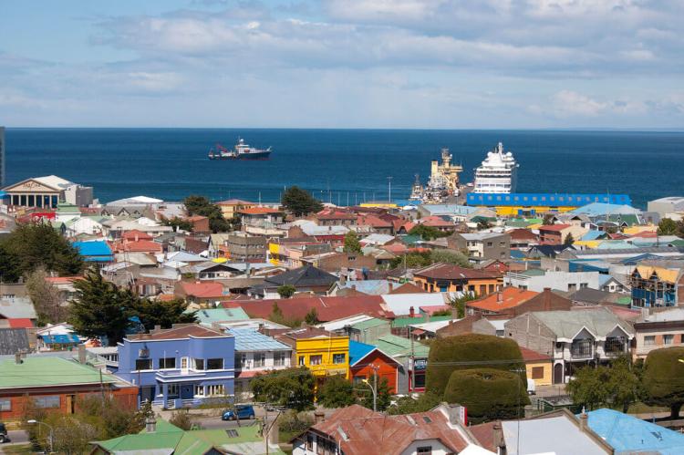 View over Punta Arenas with the RRS James Cook in the background.