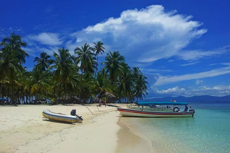Beach boat water panorama, San Blas, Panama